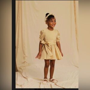 Girls' Cream Puff-Sleeve Bow Waist Party Dress